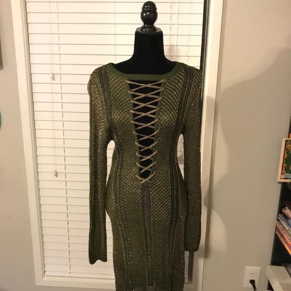NEW BOOHOO GREEN/GOLD DRESS Size 10 - Picture 1 of 6